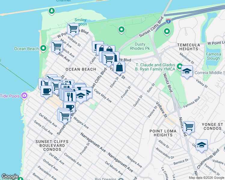 map of restaurants, bars, coffee shops, grocery stores, and more near 4683 Brighton Avenue in San Diego