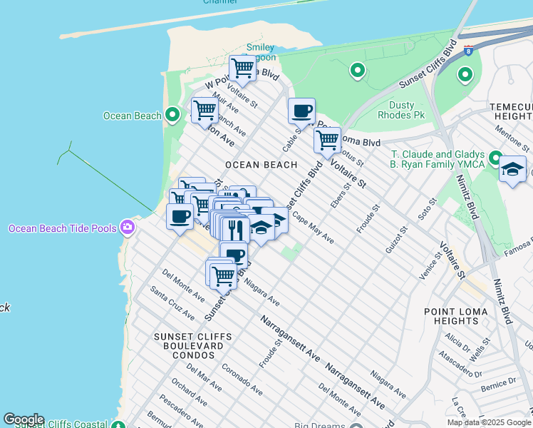 map of restaurants, bars, coffee shops, grocery stores, and more near 4785 Saratoga Avenue in San Diego