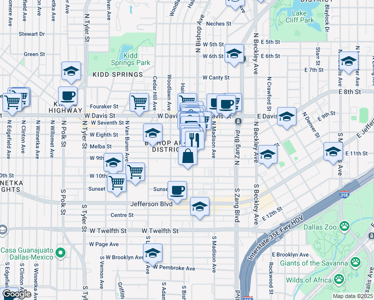 map of restaurants, bars, coffee shops, grocery stores, and more near 425 West 9th Street in Dallas