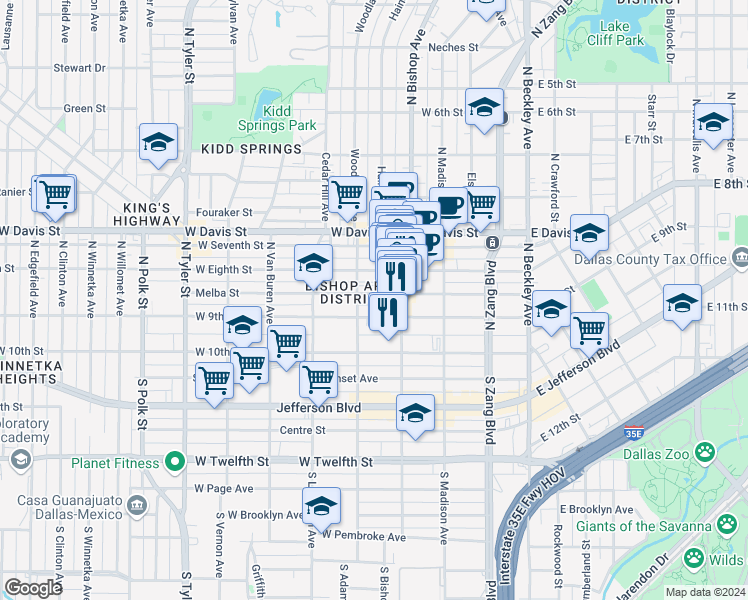 map of restaurants, bars, coffee shops, grocery stores, and more near 425 West 9th Street in Dallas