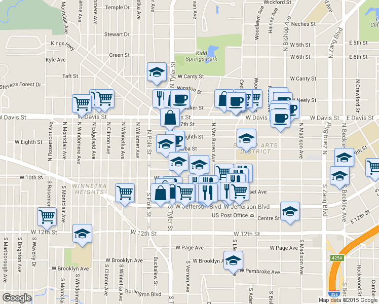 map of restaurants, bars, coffee shops, grocery stores, and more near 731 West 9th Street in Dallas
