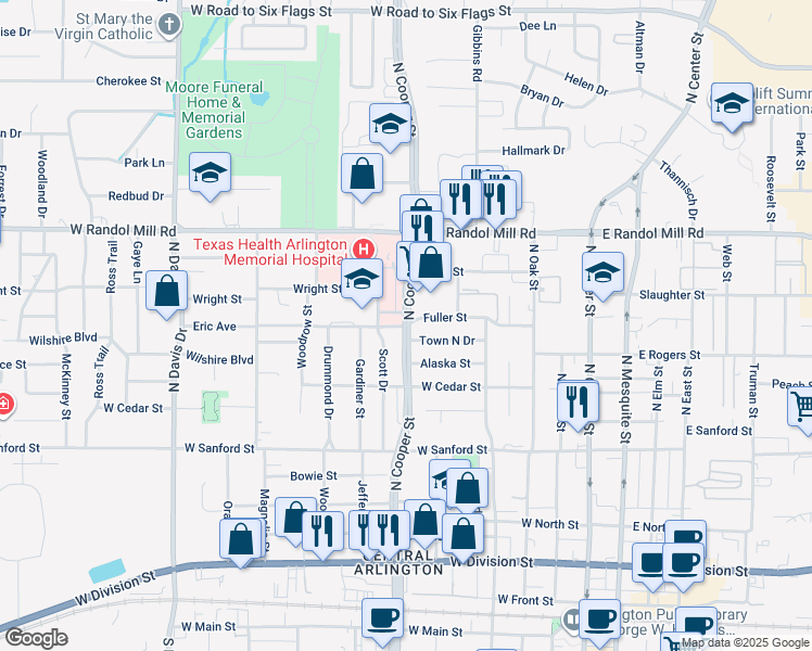 map of restaurants, bars, coffee shops, grocery stores, and more near 816 North Cooper Street in Arlington
