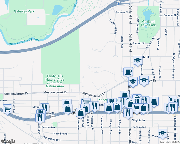 map of restaurants, bars, coffee shops, grocery stores, and more near 2128 Stratford Park Drive in Fort Worth