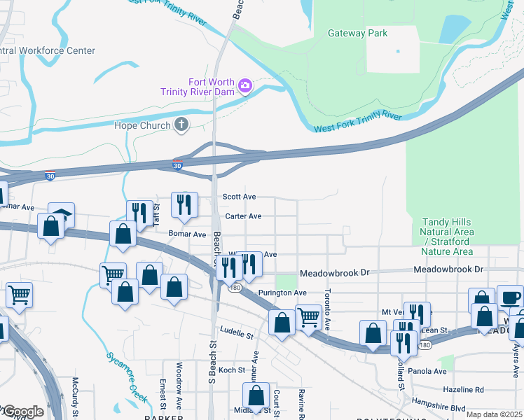 map of restaurants, bars, coffee shops, grocery stores, and more near 2710 Carter Avenue in Fort Worth