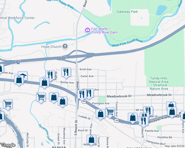 map of restaurants, bars, coffee shops, grocery stores, and more near 2710 Carter Avenue in Fort Worth