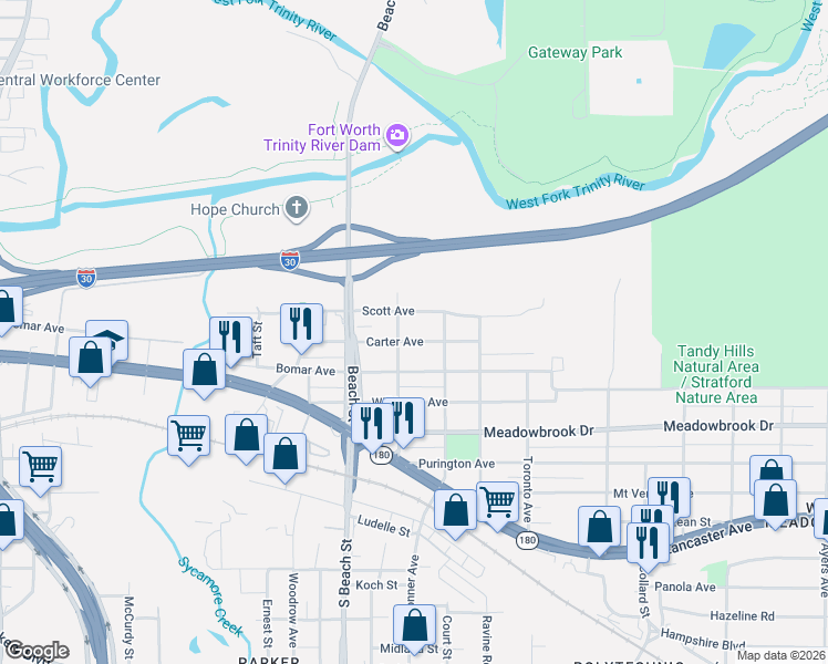 map of restaurants, bars, coffee shops, grocery stores, and more near 2710 Carter Avenue in Fort Worth