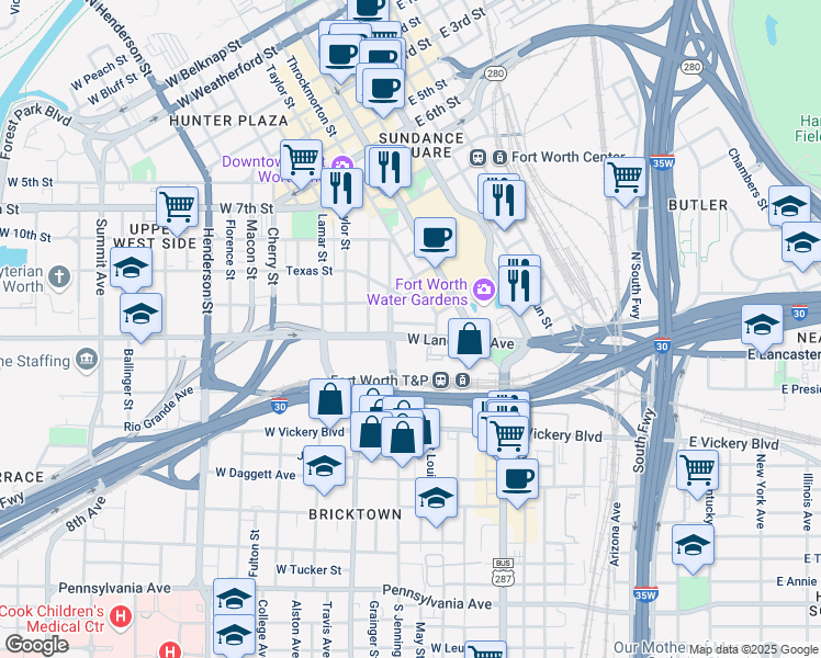 map of restaurants, bars, coffee shops, grocery stores, and more near in Fort Worth