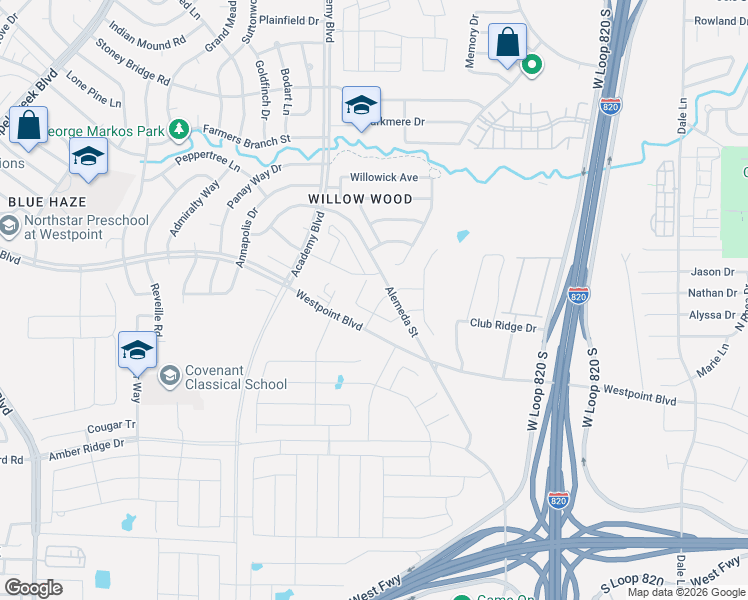map of restaurants, bars, coffee shops, grocery stores, and more near 1201 Westpoint Boulevard in Fort Worth