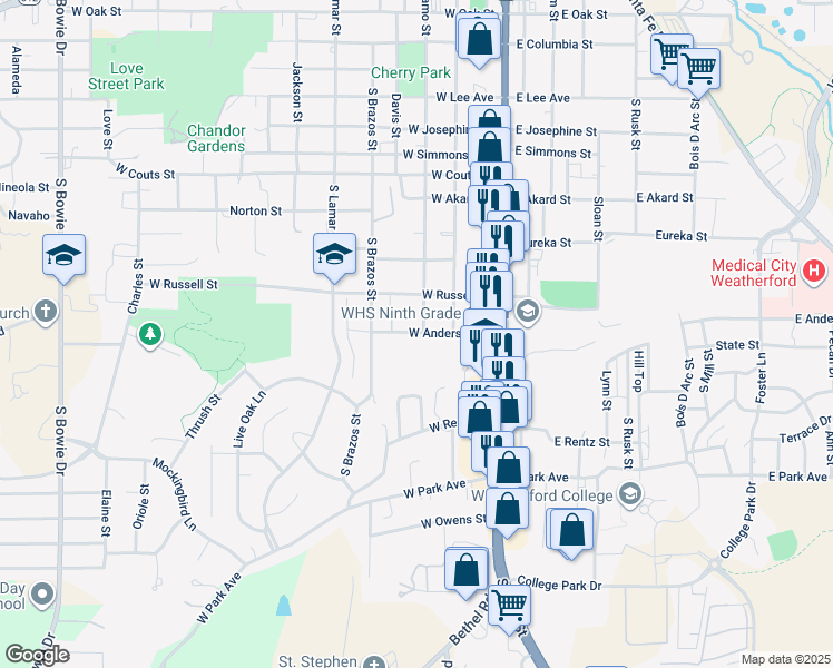 map of restaurants, bars, coffee shops, grocery stores, and more near 315 West Anderson Street in Weatherford