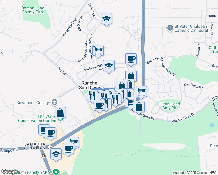map of restaurants, bars, coffee shops, grocery stores, and more near 11434 Via Rancho San Diego in El Cajon