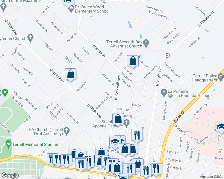 map of restaurants, bars, coffee shops, grocery stores, and more near 309 Roberts Avenue in Terrell