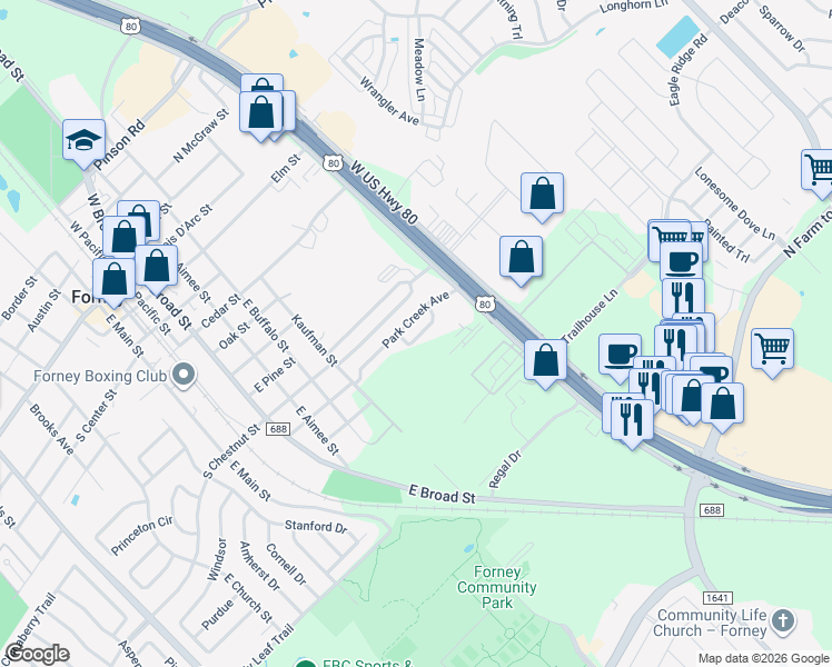 map of restaurants, bars, coffee shops, grocery stores, and more near 705 Central Avenue in Forney