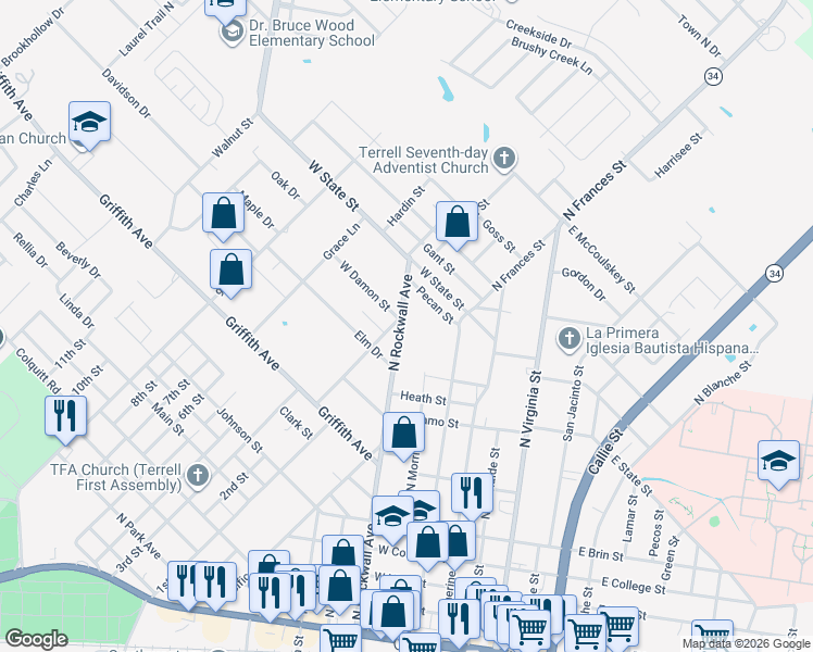 map of restaurants, bars, coffee shops, grocery stores, and more near 910 North Rockwall Street in Terrell