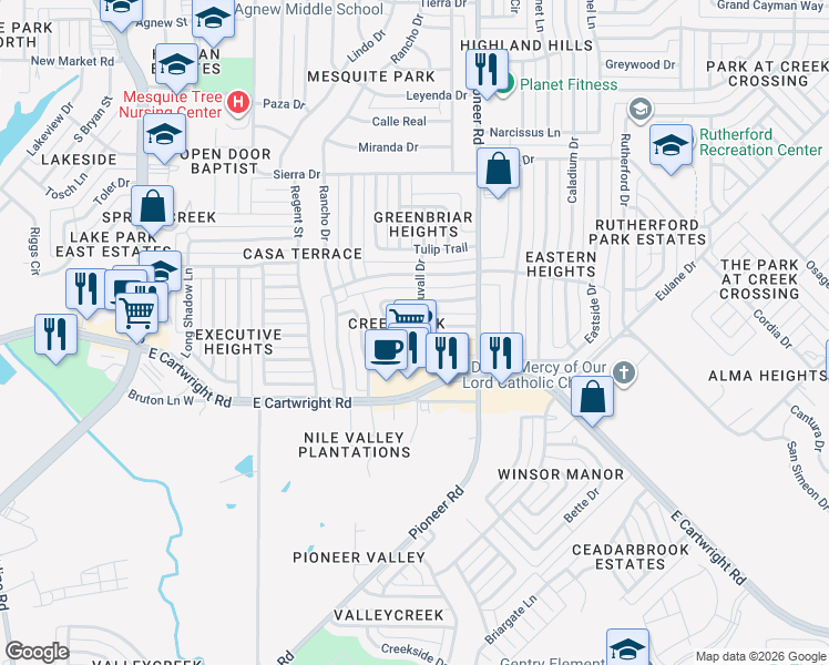 map of restaurants, bars, coffee shops, grocery stores, and more near 1044 Carmody Drive in Mesquite