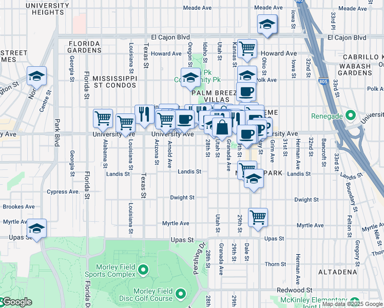 map of restaurants, bars, coffee shops, grocery stores, and more near 3770 Pershing Avenue in San Diego