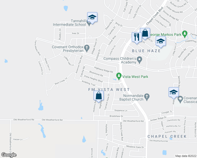 map of restaurants, bars, coffee shops, grocery stores, and more near 10632 Vista Heights Boulevard in Fort Worth