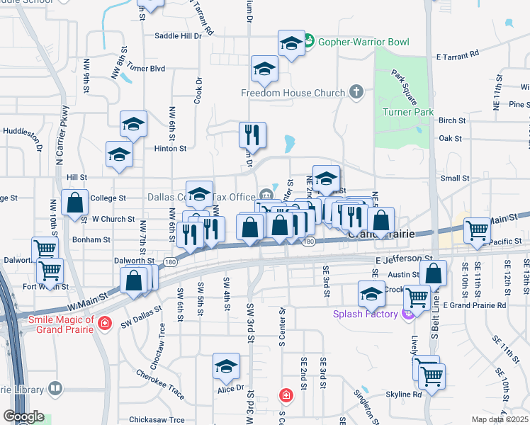map of restaurants, bars, coffee shops, grocery stores, and more near 121 West Church Street in Grand Prairie