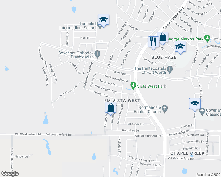 map of restaurants, bars, coffee shops, grocery stores, and more near 10632 Vista Heights Boulevard in Fort Worth
