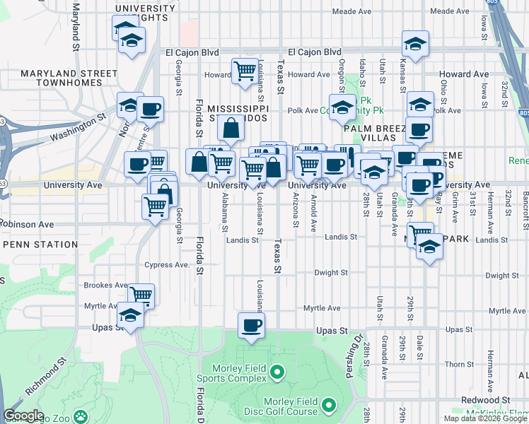 map of restaurants, bars, coffee shops, grocery stores, and more near 3777 Louisiana Street in San Diego