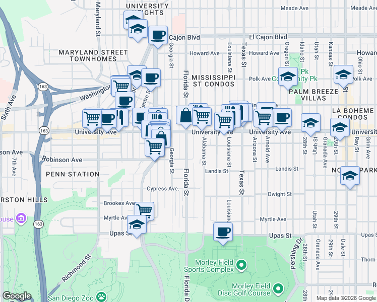 map of restaurants, bars, coffee shops, grocery stores, and more near 1996 Robinson Avenue in San Diego