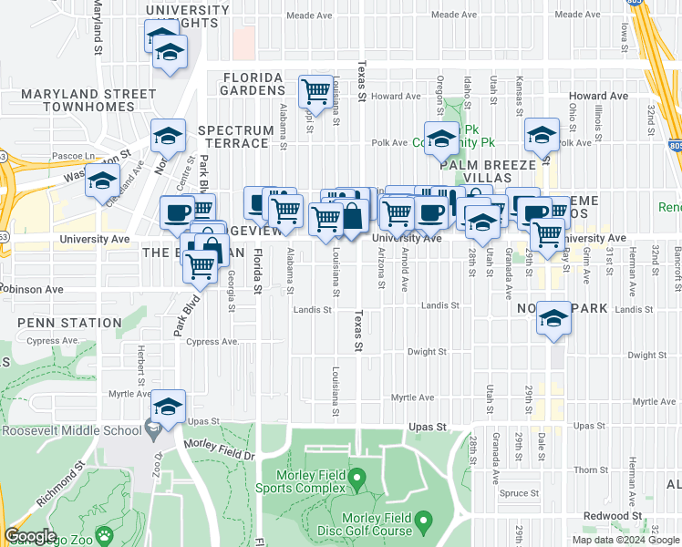 map of restaurants, bars, coffee shops, grocery stores, and more near 3777 Louisiana Street in San Diego