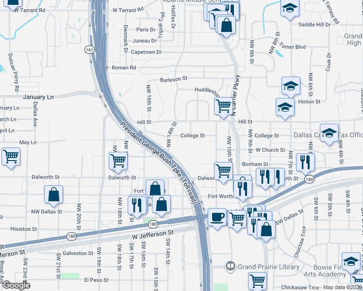 map of restaurants, bars, coffee shops, grocery stores, and more near 1209 West Church Street in Grand Prairie
