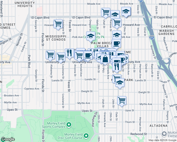 map of restaurants, bars, coffee shops, grocery stores, and more near 3740 Pershing Avenue in San Diego