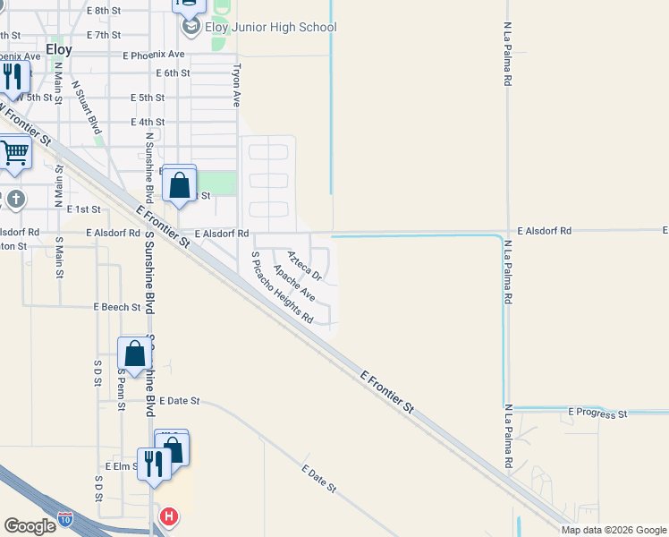 map of restaurants, bars, coffee shops, grocery stores, and more near 498 Azteca Drive in Eloy