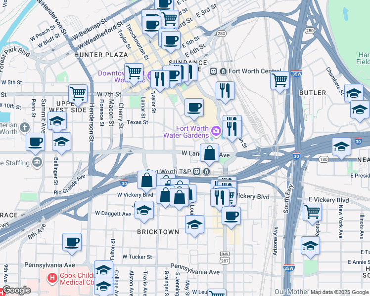 map of restaurants, bars, coffee shops, grocery stores, and more near in Fort Worth