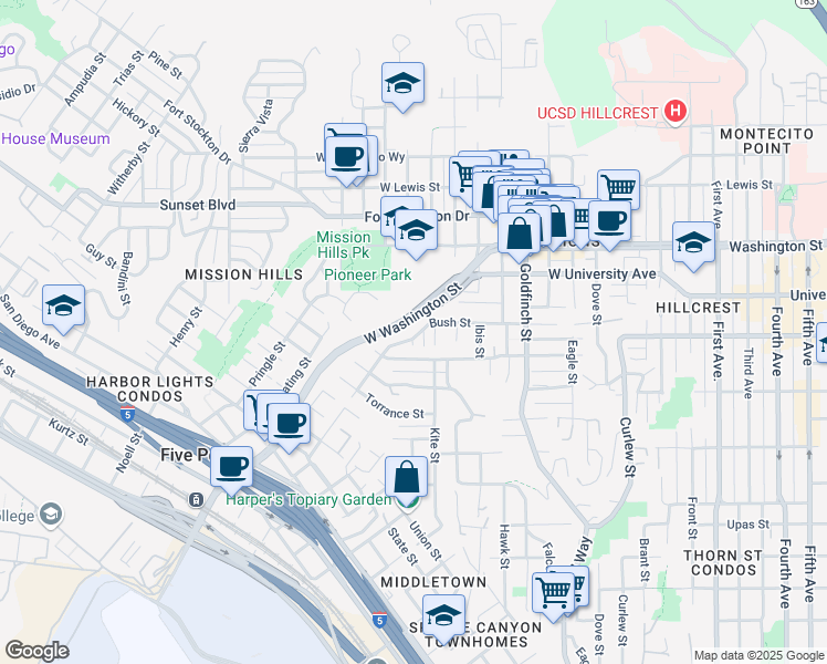 map of restaurants, bars, coffee shops, grocery stores, and more near 1336 Bush Street in San Diego