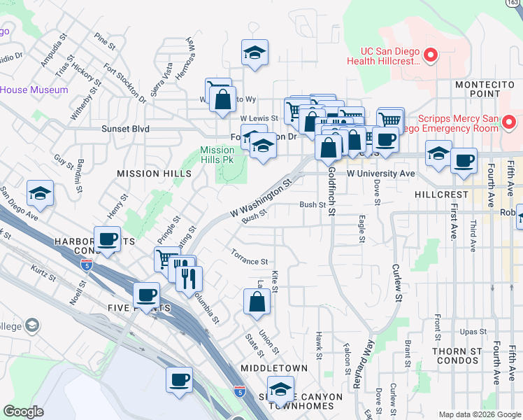 map of restaurants, bars, coffee shops, grocery stores, and more near 1336 Bush Street in San Diego