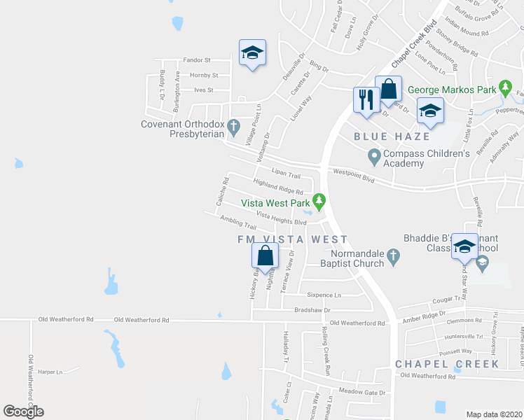 map of restaurants, bars, coffee shops, grocery stores, and more near 10636 Vista Heights Boulevard in Fort Worth