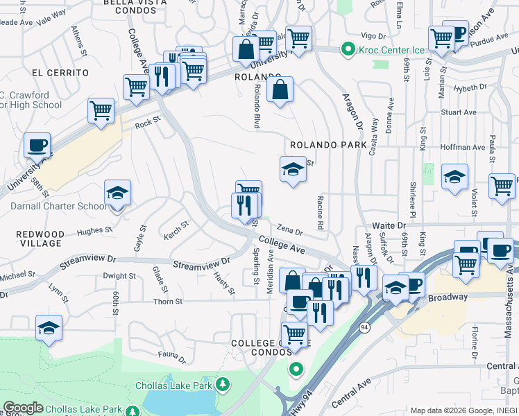map of restaurants, bars, coffee shops, grocery stores, and more near 3605 College Avenue in San Diego