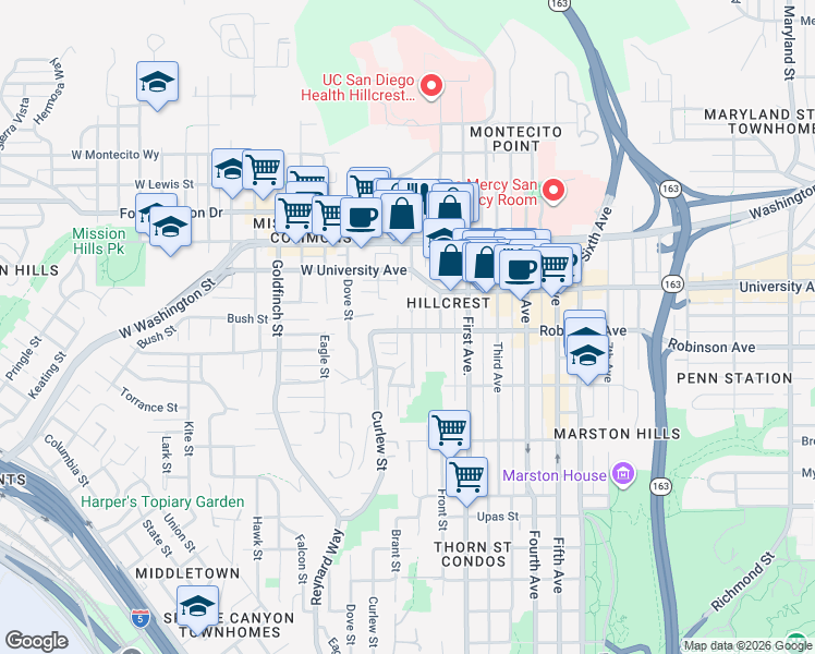map of restaurants, bars, coffee shops, grocery stores, and more near 3781 Brant Street in San Diego