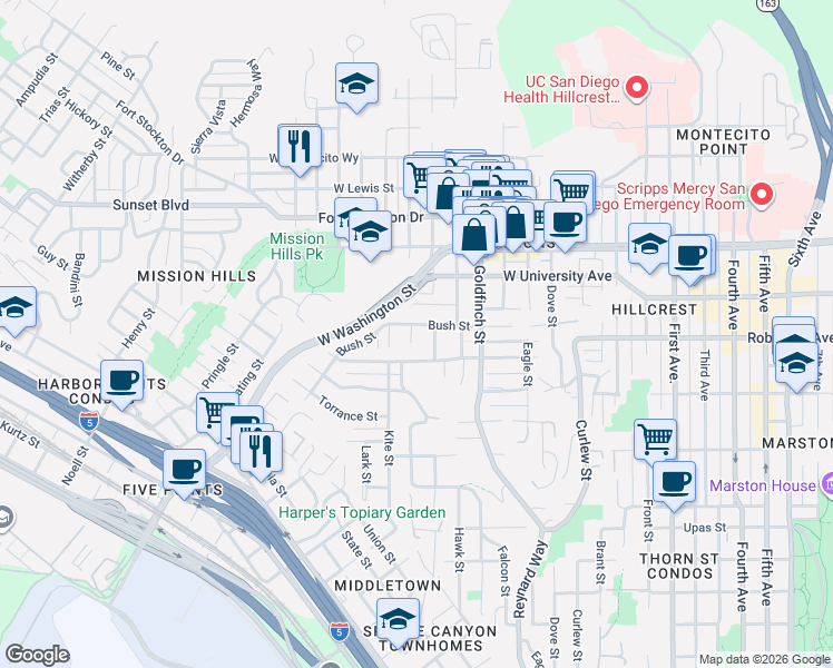 map of restaurants, bars, coffee shops, grocery stores, and more near 1136 Sutter Street in San Diego