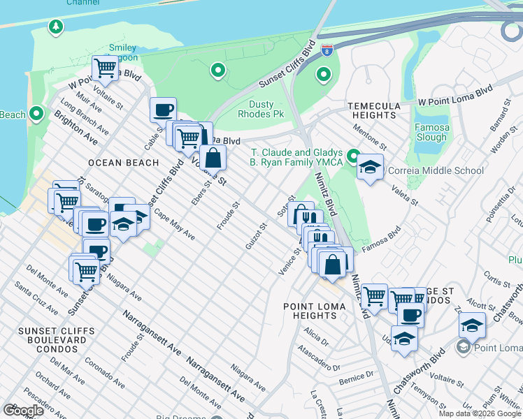 map of restaurants, bars, coffee shops, grocery stores, and more near 2176 Guizot Street in San Diego