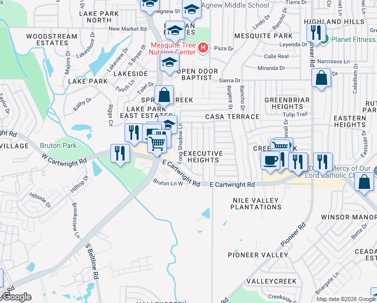 map of restaurants, bars, coffee shops, grocery stores, and more near 1511 CreekWood Lane in Mesquite