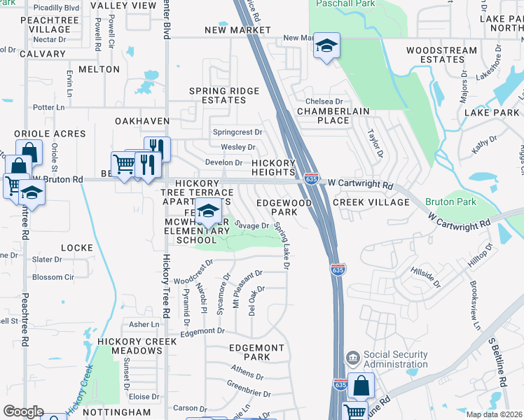 map of restaurants, bars, coffee shops, grocery stores, and more near 1647 Spring Lake Drive in Mesquite