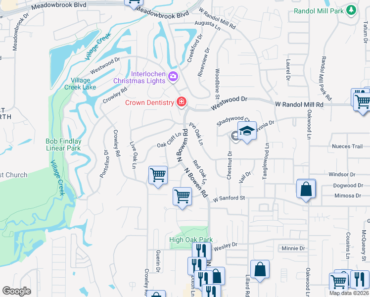 map of restaurants, bars, coffee shops, grocery stores, and more near 803 Red Oak Lane in Arlington