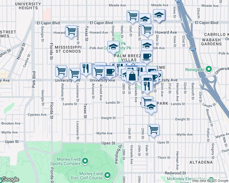 map of restaurants, bars, coffee shops, grocery stores, and more near 3770 Pershing Avenue in San Diego