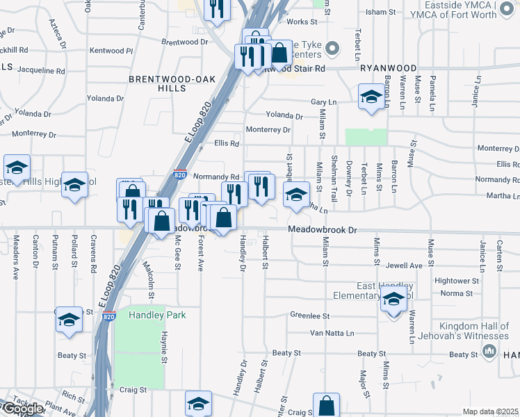 map of restaurants, bars, coffee shops, grocery stores, and more near 6625 Meadowbrook Drive in Fort Worth