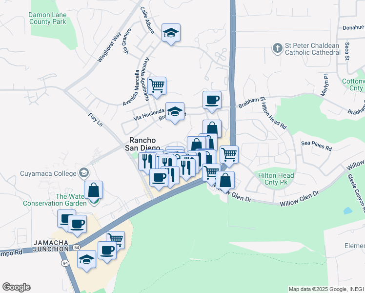 map of restaurants, bars, coffee shops, grocery stores, and more near 11430 Via Rancho San Diego in El Cajon