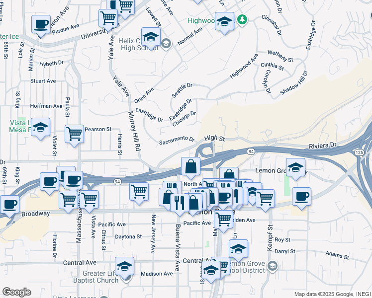 map of restaurants, bars, coffee shops, grocery stores, and more near 7613 High Street in La Mesa
