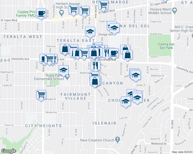 map of restaurants, bars, coffee shops, grocery stores, and more near 4780 Lantana Drive in San Diego