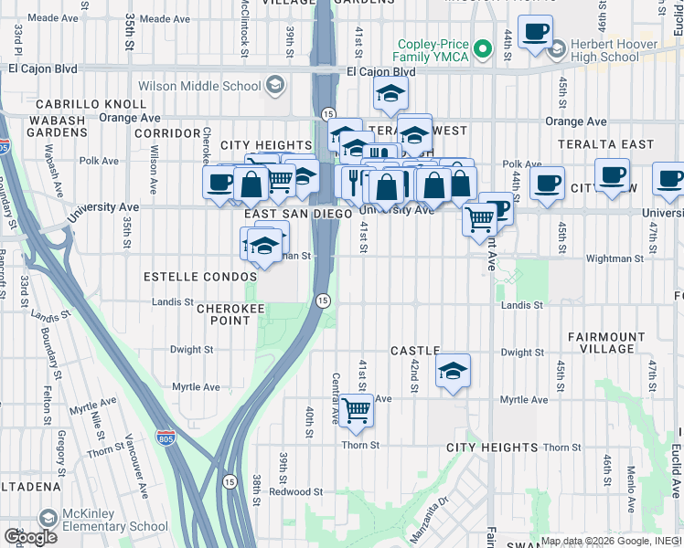 map of restaurants, bars, coffee shops, grocery stores, and more near 3727 Central Avenue in San Diego