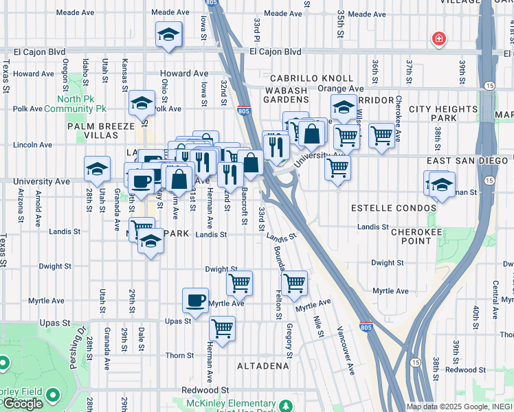map of restaurants, bars, coffee shops, grocery stores, and more near 3752 33rd Street in San Diego