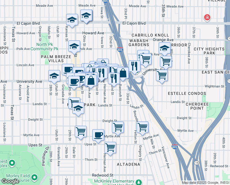 map of restaurants, bars, coffee shops, grocery stores, and more near 3747 32nd Street in San Diego