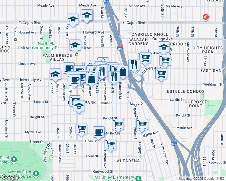 map of restaurants, bars, coffee shops, grocery stores, and more near 3747 32nd Street in San Diego