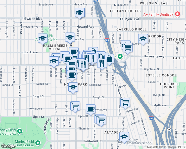 map of restaurants, bars, coffee shops, grocery stores, and more near 3743 Herman Avenue in San Diego
