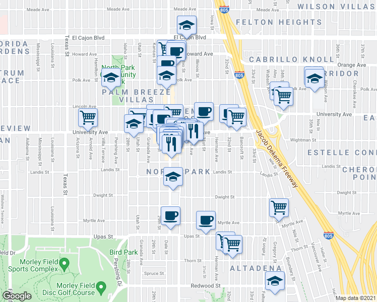 map of restaurants, bars, coffee shops, grocery stores, and more near 3792 31st Street in San Diego